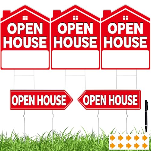 Open House Signs for Real Estate 5 Pack 17x13 Open House Sign Double Sided Waterproof Directional Arrows with Metal Stakes for Real Estate Agent Property Sale Red
