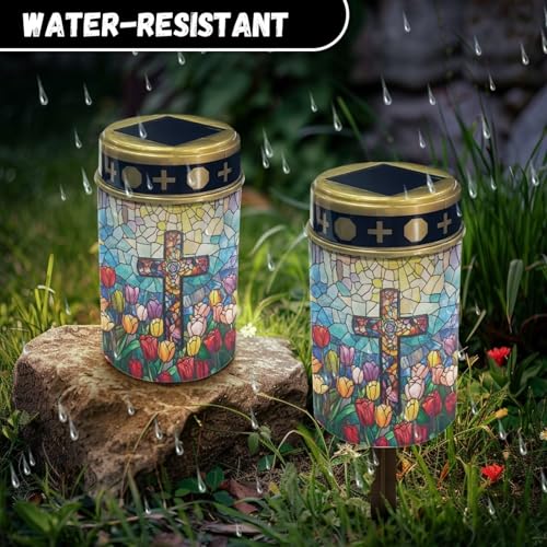 Image of Solar Garden Lights, Cross Tulip Pattern Outside Waterproof Light for Garden Yard Pathway Cemetery Grave Decor Night Path Lights