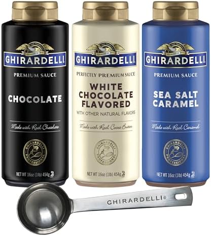 Ghirardelli Sea Salt Caramel, Chocolate and White Chocolate Flavored Sauce, 16 oz Squeeze Bottles (Pack of 3) with Ghirardelli Stamped Barista Spoon