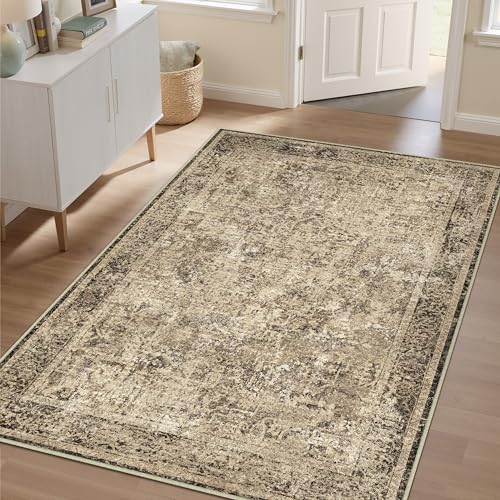3x5 Area Rug Washable Vintage Neutral Entryway Living Room Carpet Indoor Office Non Slip Brown Entrance Distressed Low Pile Retro Accent Throw Rug for Dining Room Bathroom Bedroom Laundry