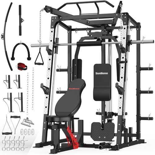 SunHome Smith Machine with Weight Bench, Multifunction Power Cage Squat Rack with Smith Bar, LAT Pull-Down Systems, Cable Crossover Machine for Home Gym