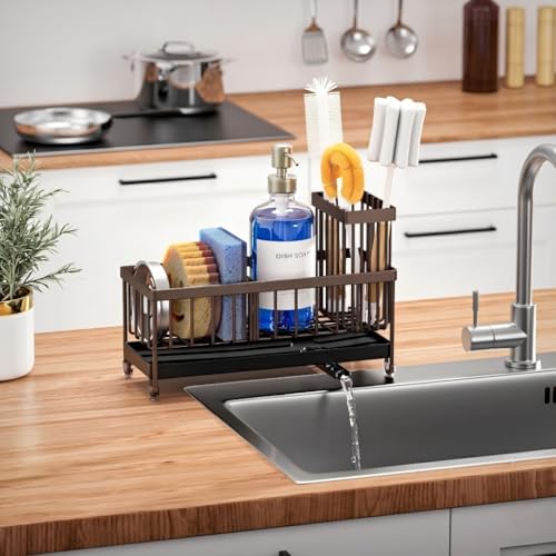 Image of Cisily Brown Sponge Holder for Kitchen Sink, Sink Caddy Organizer with High Brush Holder, Kitchen Countertop Organizers and Storage Essentials, Rustproof 304 Stainless Steel, Soap Dispenser Organize