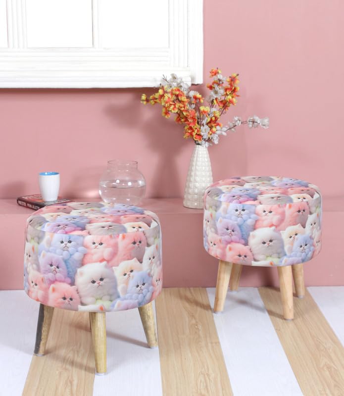 ottoman pouffes sitting mudda puffy stool dinning chair for living room dressing makeup table pouffe chair sofa type for office home decor, printed stool, 16x16x17 inch, pack of 2, cat