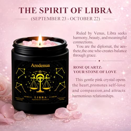 Image of Libra Zodiac Candles with Rose Quartz Crystals, Warm Cozy Scent | Astrology Libra Birthday Gifts for Women Men, Black Gift Box, 7 oz Soy Candle, 50 Hour Burn Time, Black Jar