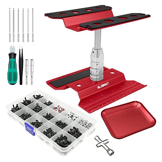 GLOBACT RC Car Repair Work Stand Repair Tool Set 360 Degree Rotation and 521 PCS RC Screws Kit and RC Screwdrivers and Screws Pallet Kit for 1/8 1/10 1/12 1/16 1/18 RC Car Truck Crawler (Red)