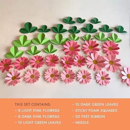 Image of Flower Bunting for Wall Decoration (Pink Daisy with Leaves)