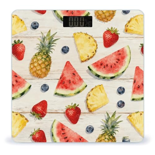 Báscula de baño de collage de frutas de verano para el cuerpo, báscula de diseño de impresión UV, báscula de baño de alta precisión, números transparentes grandes y delgados, mejorada y elegante para
