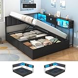 Hasuit Corner Full Lift Up Storage Bed Frame with Charging Station & LED Lights, Full Day Bed with Upholstered Headboard and Bookcase, Corner Beds with Hydraulic for Kids Teens Guests, Black