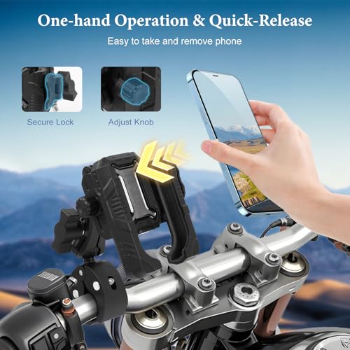 Image of Universal Phone Mount for Bike /Motorcycle /Scooter /ATV, 720 Rotatable Anti-Shake Holder with One-Hand Quick Release &Secure Lock Knob, Fits 5.4-7.2 inch iPhone 16 /15 /14 /13 Pro Max, 75026