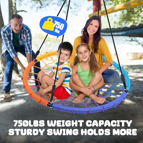 Image of Trekassy 750lbs 40 inch Spider Web Saucer Tree Swing for Kids Adults, Outdoor Net Swing with Steel Frame and 2 Hanging Straps-Rainbow (Patented)