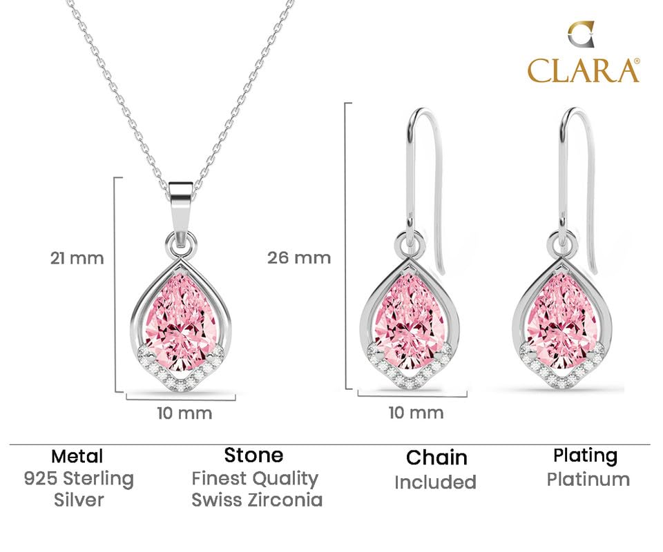 Image of Clara 925 Silver Jino Pink Solitaire Pendant Earrings Chain Ring for Women | Gift for Girl Girlfriend Wife | Rakhi Rakshabandhan Gift for Sister Bhabhi |Platinum Plated | Swiss Zirconia | Jewellery Set