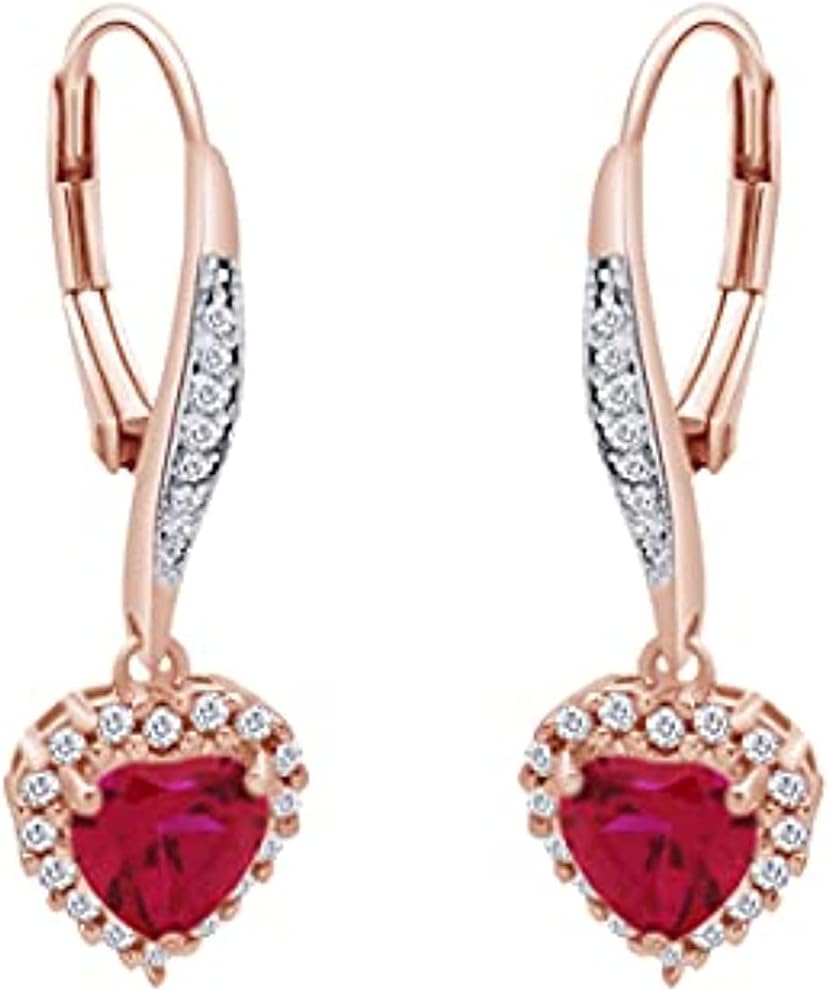 Ritika Heart & Round Cut Pink Ruby & Diamond Solitaire Cluster Drop Dangle Earrings 14K Gold Finish 925 Sterling Silver