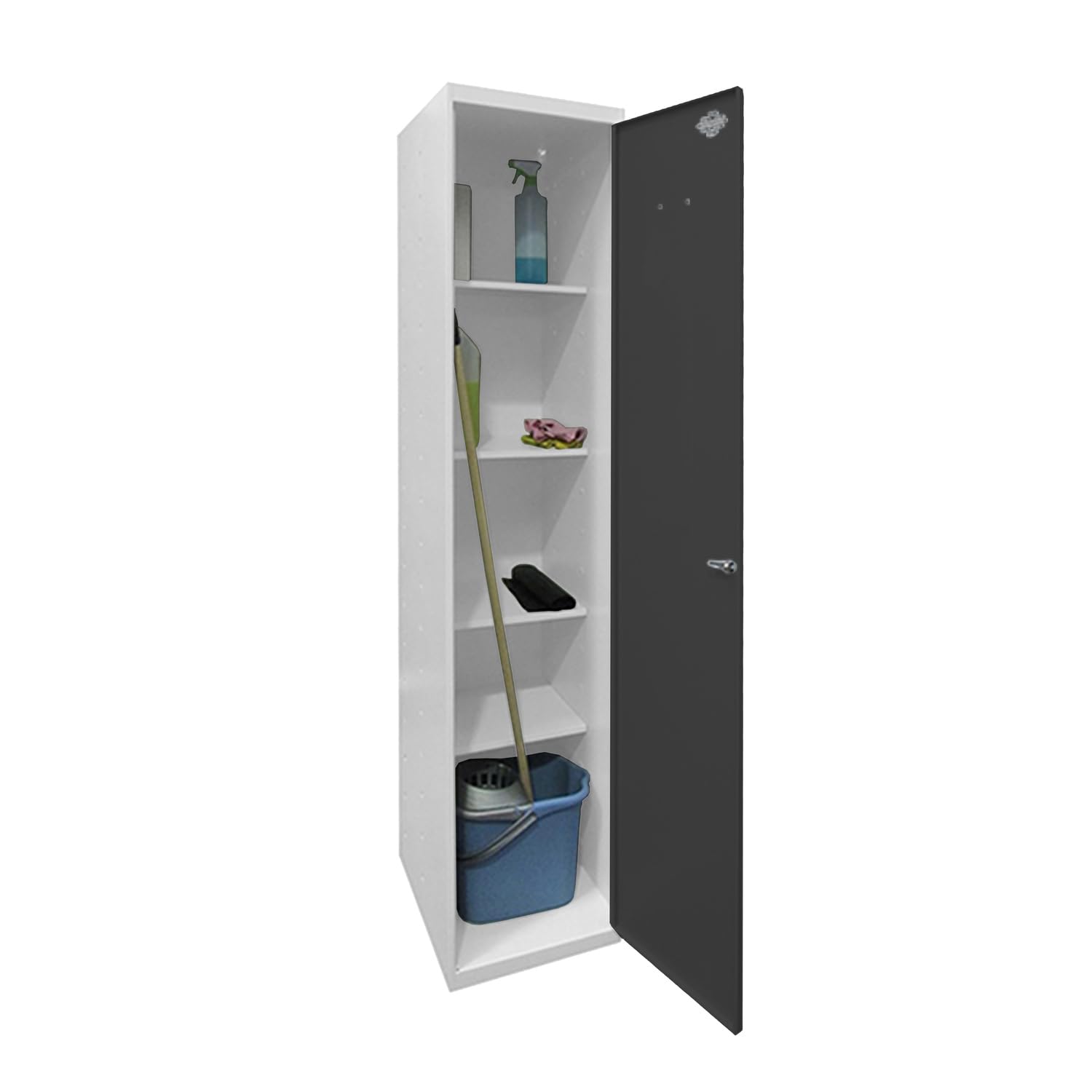 Simon Rack Armario Escobero Metálico 1800x400x400 mm - Simonlocker | 1 Puerta, 4 Estantes, Incluye 2 Llaves, Blanco/Antracita, Pintura anticorrosión
