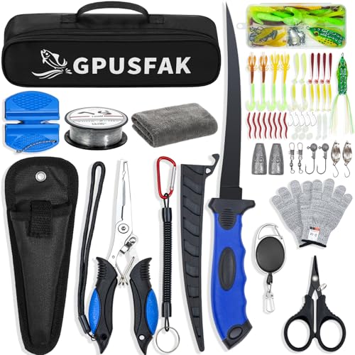 GPUSFAK Fishing Tool Kit, 50 Pieces Fishing Gear, Fishing Pliers with Lanyard, Fillet Knife, Fish Lip Gripper, Fly Ice Fishing Hook Extractor, Anti-Cutting Gloves, Fishing Lures Baits Accessories - image 1