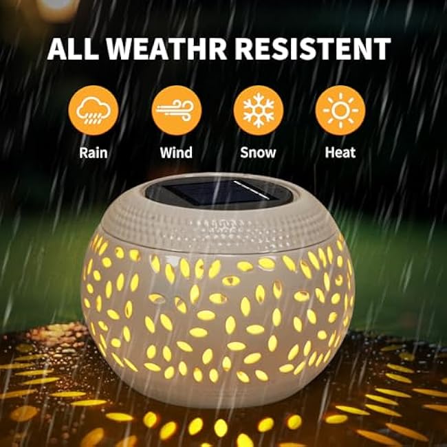 Solar Table Light Waterproof Outdoor & Indoor Lantern - White Metal Retro Hollowed-Out Flickering Flame Tabletop Lights for Desk/Bedroom/Patio/Garden, Solar Powered Lamp Pathway Yard Garden Decor