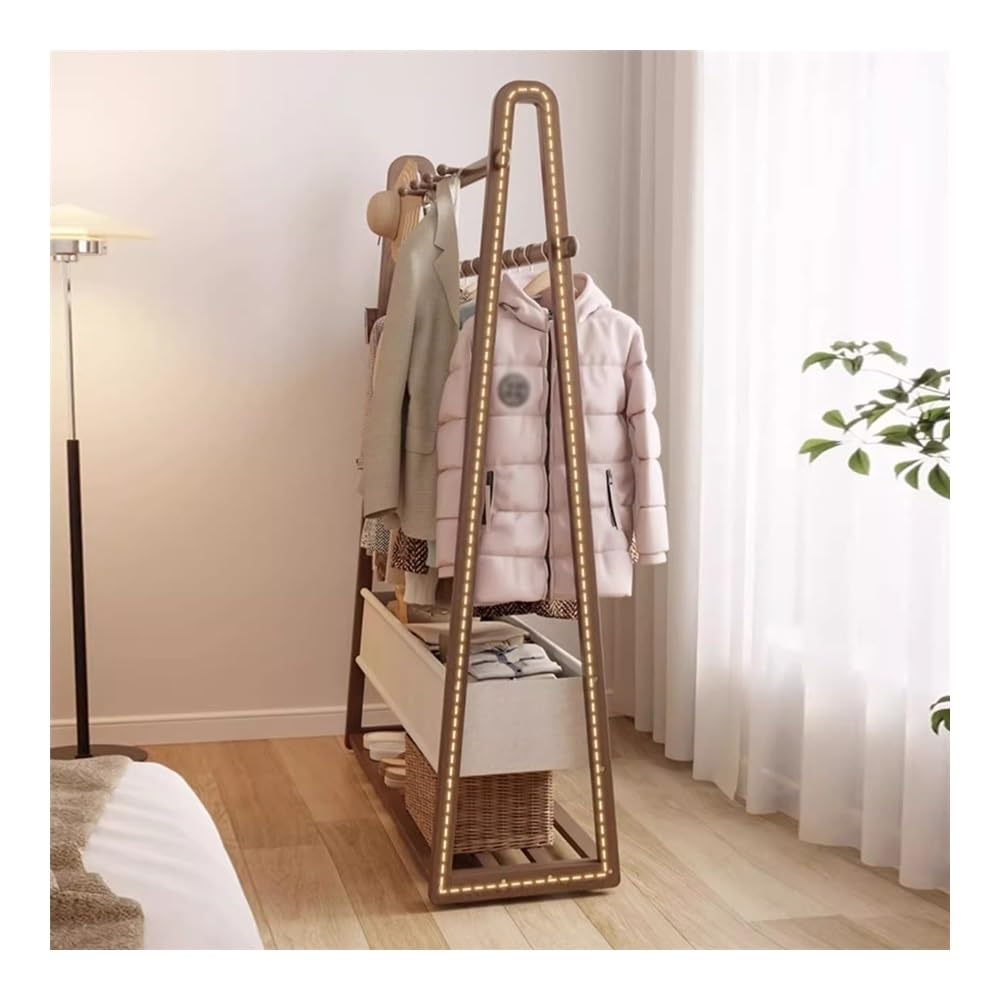 Massivholzgarderobe mit Rollen, mobiles Aufbewahrungsregal für Eingangsbereich und Schlafzimmer, Hängeorganizer mit Stofftasche, höhenverstellbar, Walnussholz-Finish, kleine Größe
