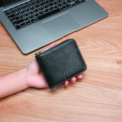 Image of Mens wallet Leather wallet men Wallet Zipper RFID Bifold Wallet for Men ID card Window Credit Card Coin Photo Multifunction Card Slots Gift for Him,Black
