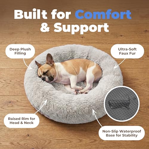 Image of Best Pet Supplies Round Calming Dog Bed for Small, Medium & Large Dogs, Plush Donut Cuddler Pet Bed w /Raised Rim for Head, Neck Support, Anti-Slip Bottom Washable Bed - Light Warm Gray, 20 x 20 x 6