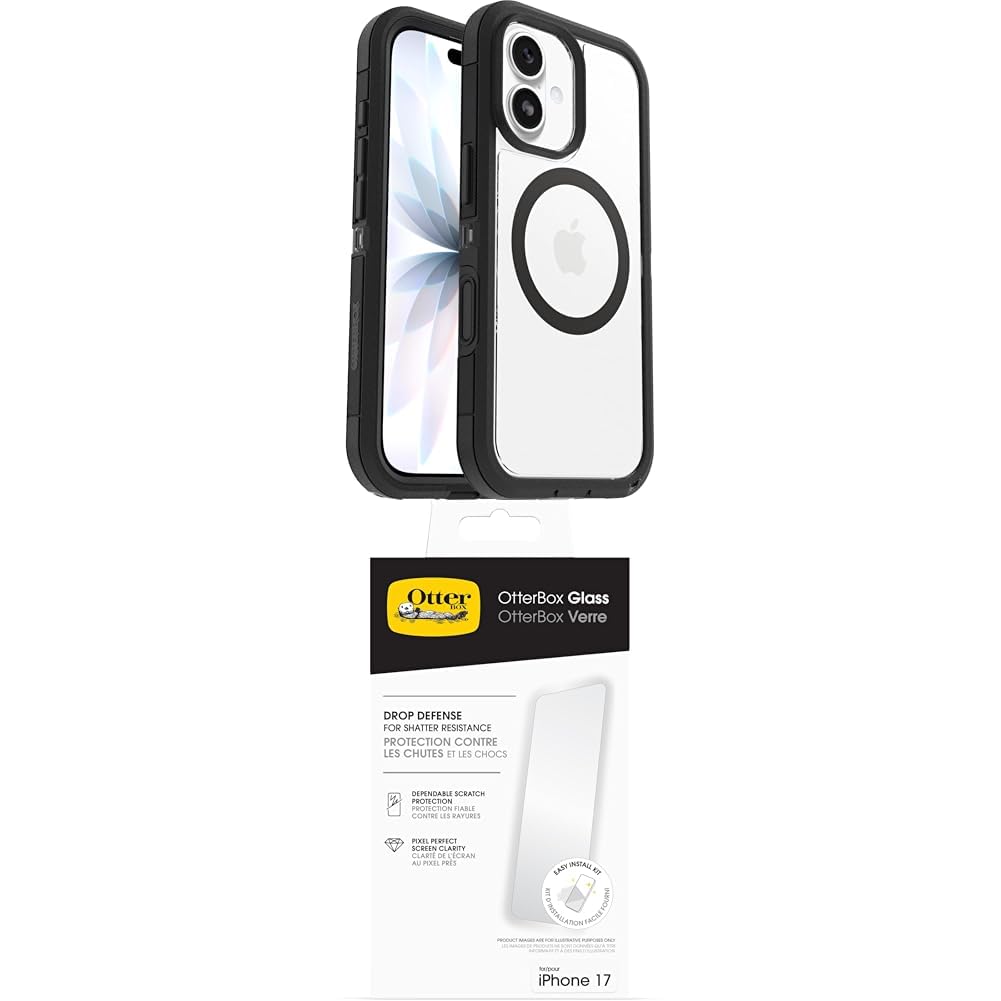 OtterBox Defender Series Pro XT MagSafe para iPhone 17, Testada 7x con estándares Militares anticaídas, Transparente/Negro + OtterBox Glass Protector de Pantalla de Cristal Templado