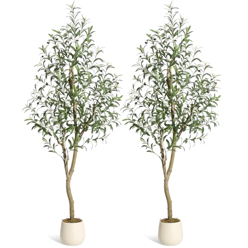 Olive Trees Artificial Indoor, 6ft Tall Faux Silk Plant - Fake Potted Tree with White Planter, Artificial Plants with Natural Wood Trunk and Lifelike Fruits for Home Office Decor, 2 Pack