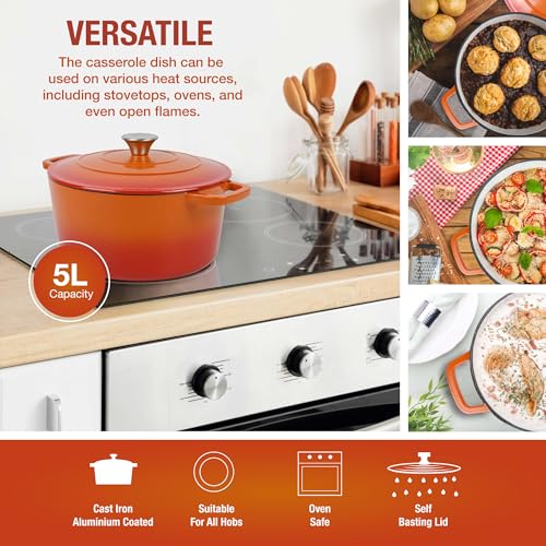 ANDREW JAMES Cast Iron 5L Round Casserole Dish with Lid – Enamel Coated Dutch Oven for Bread Baking, Stews, Roasting & Braising – Oven Proof Cast Iron Pan, No Seasoning Required (Orange) - Image 5
