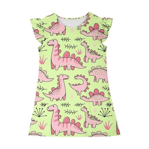 Girls Flutter Sleeve Summer Dress Cute Cartoon Dinosaur Print Loose A-Line Princess Swing Dresses for Kids 4-14 Years4