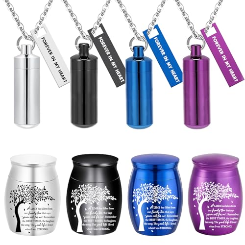 8Pcs Urn Necklace for Ashes Tree of Life Cremation Urn Waterproof Carved Ashes Locket with Cylinder Jewelry for Ashes with Forever in my heart ﻿ ﻿