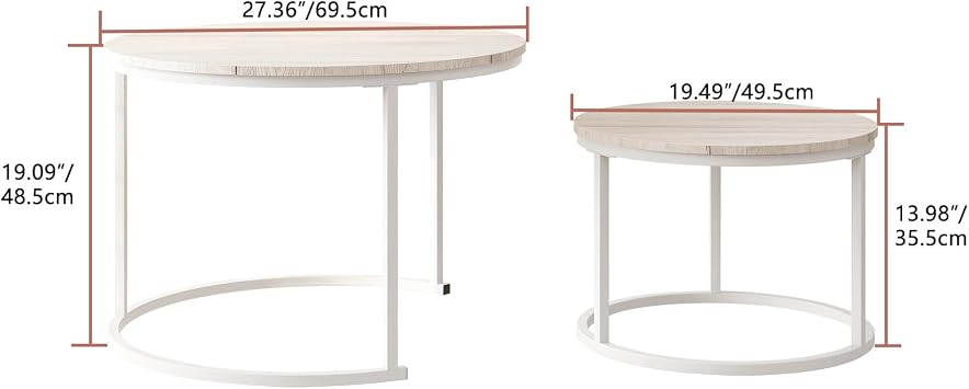 HOJINLINERO Round Coffee Table Living Room,OAK Coffee Table Nesting Table Set of 2,Metal Frame/Wood Sofa Table,Sturdy and Easy Assembly,Modern Stacking Side Table for Bedroom,Office,Balcony,White
