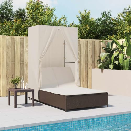 IKAYAA Cama Exterior Jardin con Techo y Cortinas, Cama Balinesa, Tumbona Doble Regulable y Respaldo Reclinable, Cama Jardin Exterior, Tumbonas Dobles, Marrón