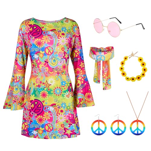 Puddry Vestito Hippie Donna, Vestiti Anni 70, Vestito Hippie Anni 60 70, Accessori Hippie Donna con Occhiali Collana Fascia Orecchini, Vestito Anni 70 Costume Carnevale Hippie Donna per Disco Party