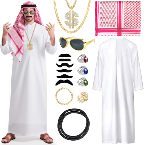 Juego de disfraz de jeque para hombre, disfraz árabe de 16 piezas, traje árabe con pañuelo para la cabeza, gafas de sol, collar de anillos, disfraz oriental para hombre, carnaval para cosplay