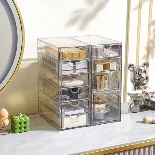 Image of Prsildan Hair Accessories Organizer Acrylic Drawer with 10 Drawers | Clear, Craft Art Supply Storage, For Office Desk Bathroom Vanity Countertop, Set of 2