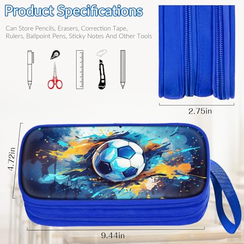 Image of TILYTADLY Large Pencil Case for Boys - Soccer Boys Pencil Pouch with Zipper Compartments - Big Capacity Pen Box Pen Bag Organizer with Keychain for Kids Teens School