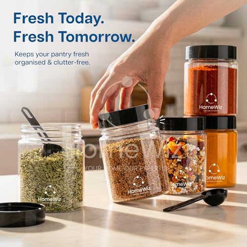 Image of HomeWiz Airtight Kitchen Storage Box 250ml Pack of 8 | Food Grade BPA-Free Kitchen Jars | Storage & Containers Set | Masala Container Set | Unbreakable Plastic Container Set | For Spices & Pulses