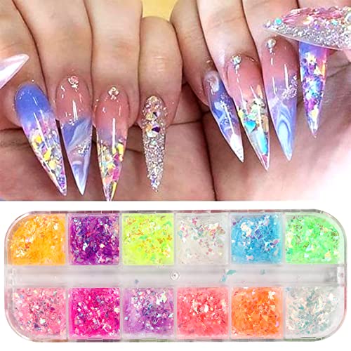 Mermaid Nail Art Glitter Sequins Nail Glitter Flakes Holographic 3D Irregular Colorful Fluorescent Glass Paper Chunky Iridescent Flakes Nail Art Glitters For Women Nail Eyes Lip Gloss Art Decorations #TOP2
