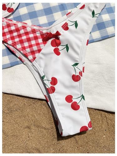 Milumia Women's 2 Piece Underwire Bikini Set Cherry Gingham Bow High Cut Push Up Swimsuit4