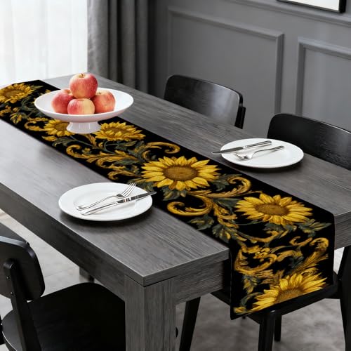 Image of Nuxovilar Table Runner, Flax Table Runner 13x72 in | Golden Sunflower Luxury Table Runners for Dinner Parties, Holiday Meals, Elegant Gatherings