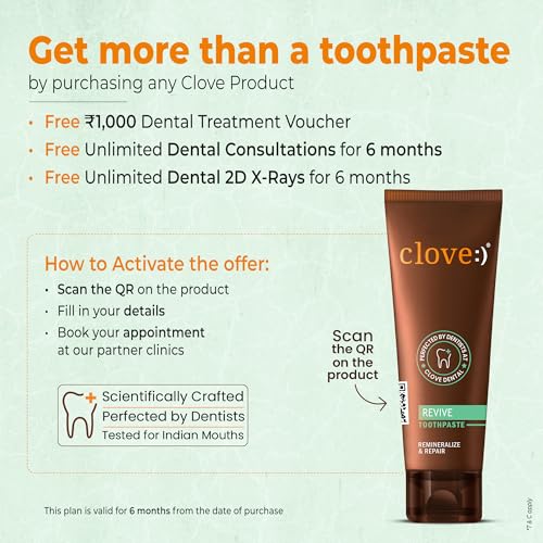 Image of Clove Revive combo, FREE ₹2000 Dental Treatment / Services With Every Pack, Revive Toothpaste with ultra soft toothbrush , Enamel Repair & Remineralization, Sensitivity Relief, Fight Gum Diseasse, 4160 dupont tynex bristles