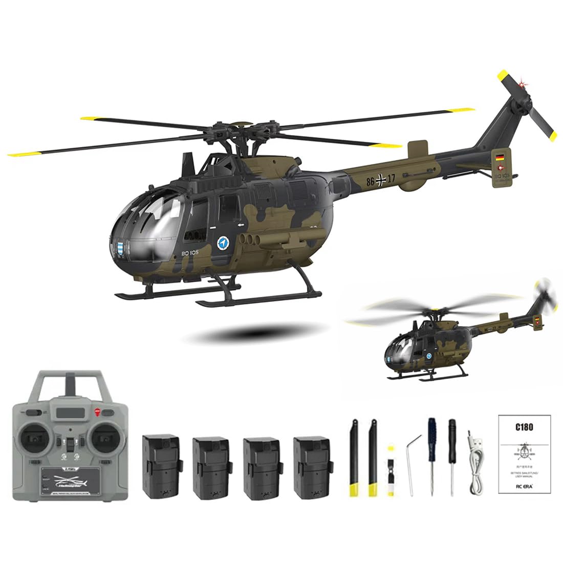 RCXTechPro RC-ERA C180 RC Helicopter For Adults, 1:25 RTF 6CH 2.4GHz Remote Control Helicopter With Altitude Hold &Optical Flow Positioning Brushless Motor, Multi Speed Modes-4 Battery