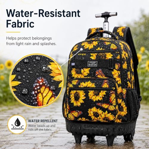 Image of 3Pcs Rolling Backpack for Girls Women, Travel Roller Backpacks with Wheels for Adults, Teens College Sunflower Wheeled Bookbag with Lunch Box(Yellow)