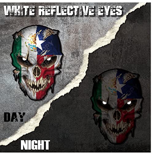 Image of Texas Mexico Skull Decal w /Reflective Eyes & Tex Mex Mexican Texan - Universal Auto Sticker for Car Truck SUV Body Side Window & Windshield - Decals for Helmet Hardhat Toolbox