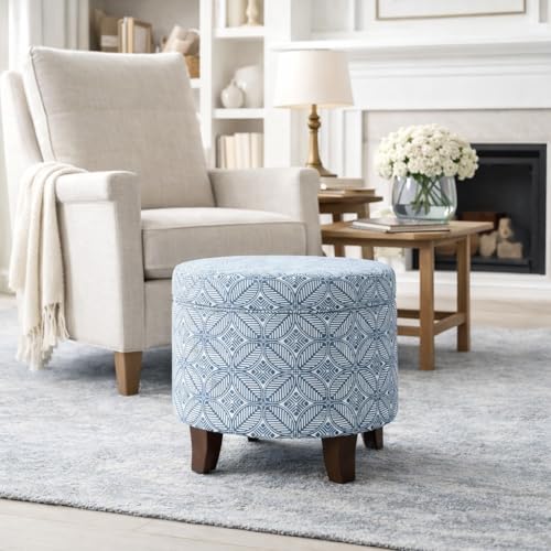 Image of HomePop Upholstered Round Storage Ottoman Home Decor|Upholstered Round Foot Rest Ottoman -Blue Indigo Print Large