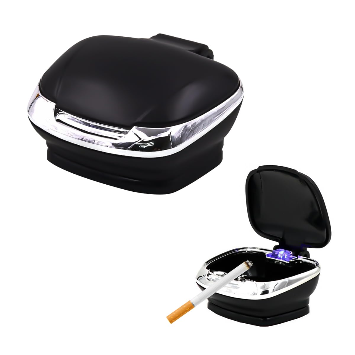 povtii Car Ashtray with Lid, Flame Retardant Car Cigarette Ash Trash Can with Led Light, Waterproof Plastic Mini Ashtray Suitable for Most Vehicles, Universal Car Accessories (Black)