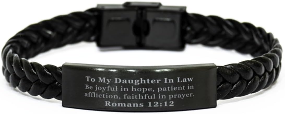 Romans 12:12, Be Joyful in Hope. Bible Verse Gift, Christian Braided Leather Bracelet for Daughter In Law. Christmas Faith Gift for Daughter In Law