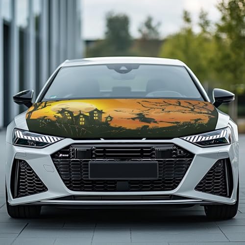 Image of Halloween Moon Witch Hood Cover Stretchable Polyester,Engine Cover,Elastic Fabrics Can be Washed,Car Bonnet All-Season Protection