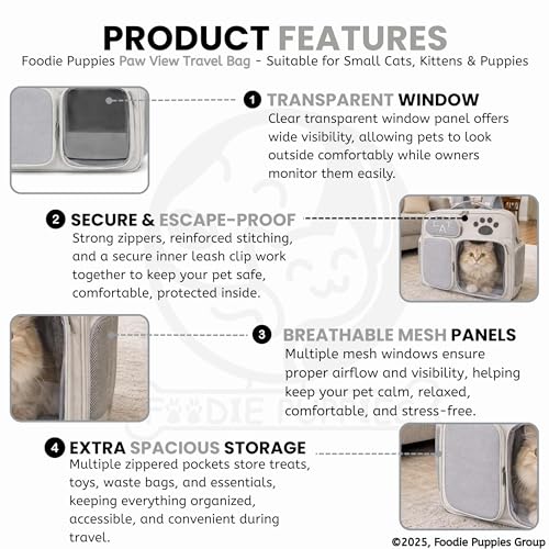Image of Foodie Puppies Pet Carrier Backpack for Cats & Kittens (PawView) (46 x 40 x 23 cm) I Airline Approved with 2 Storage Pockets & 3 Mesh Breathable Windows | Soft-Sided Foldable Ventilated Bag for Travel