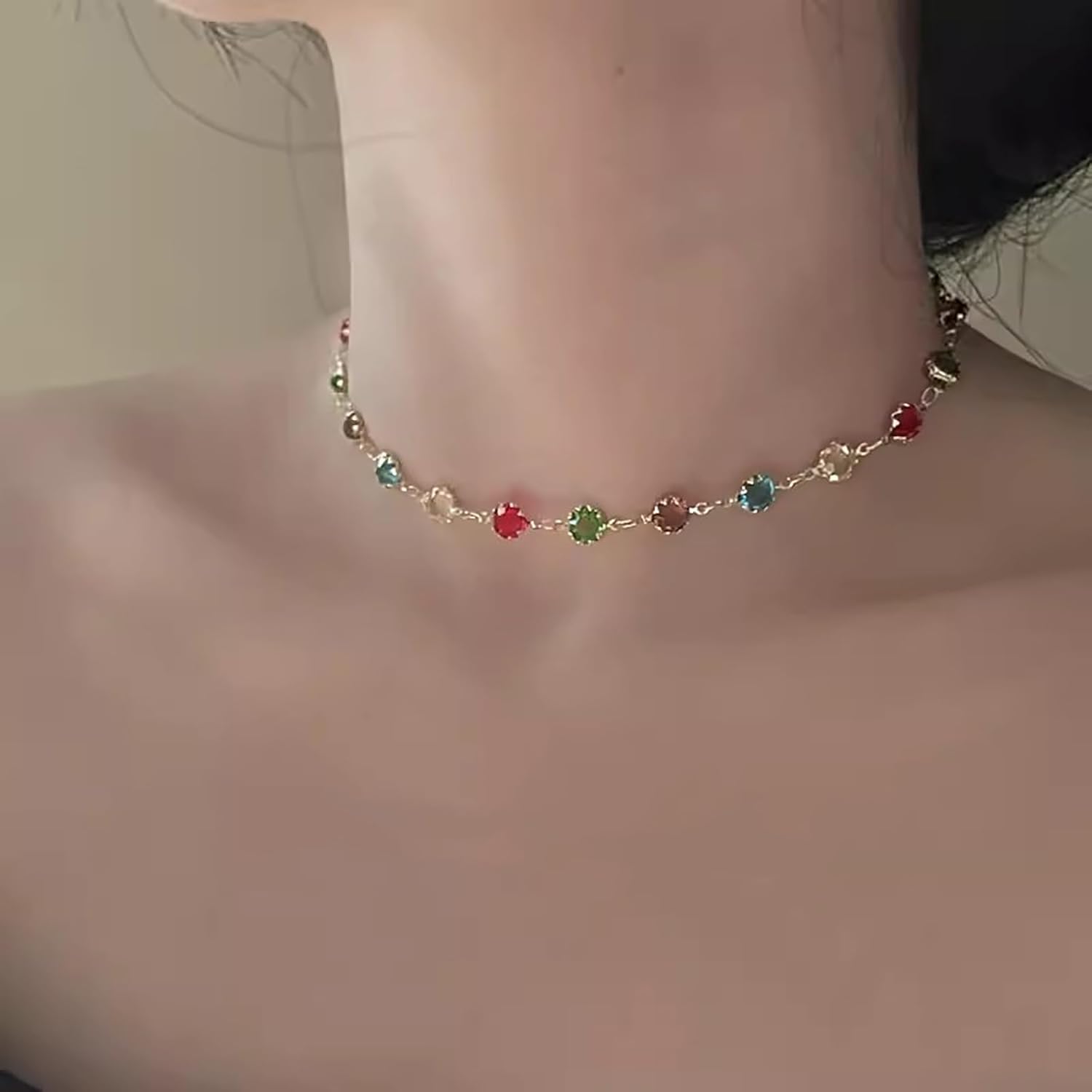Boho Colorful Crystal Choker Sparkly Rhinestone Necklace Chain Rainbow Crystal Gem Necklace for Women - Image 2