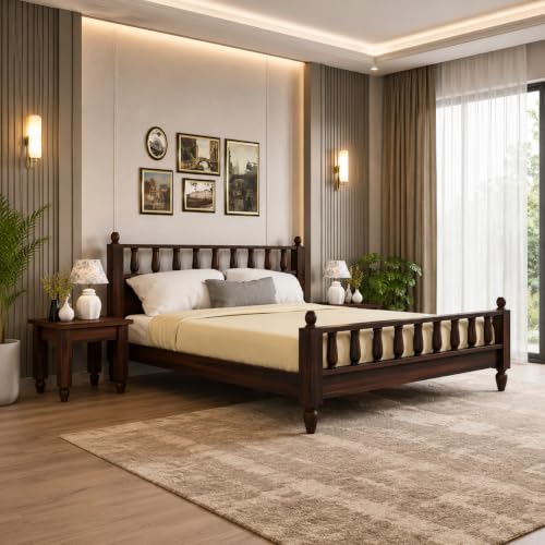 Image of Solid Wood Bed Wooden Double Bed Cot Furniture for Bedroom Home and Hotel 1 Year Warrenty Bed King Size Wooden (Walnut Finish, King)