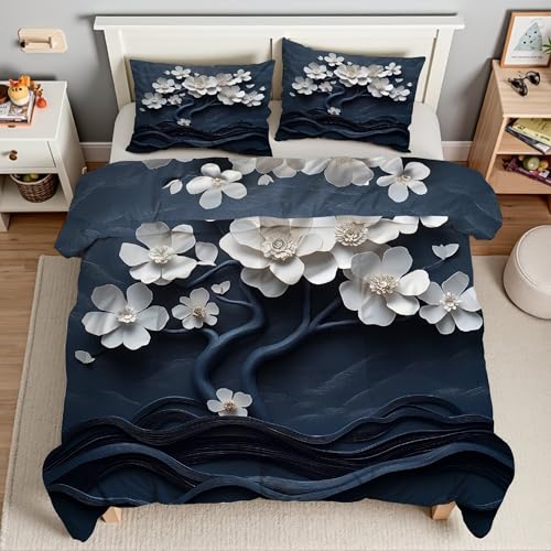 Housse de couette 200x200 fleurs blanches anti-glisse avec fermeture éclair - 2