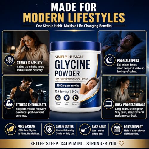 Image of Simply Human 100% Pure Pharma Grade Glycine Powder 300g | Neurotransmitter Amino Acid | Sleep, Calmness & Relaxation Support | Single Ingredient Supplement